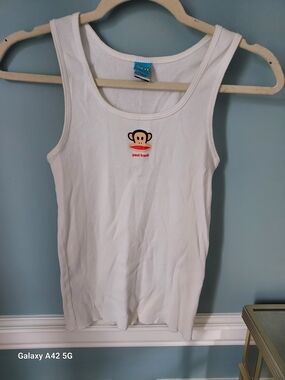 Paul Frank White Ribbed Tank with Julius Monkey Chest Logo